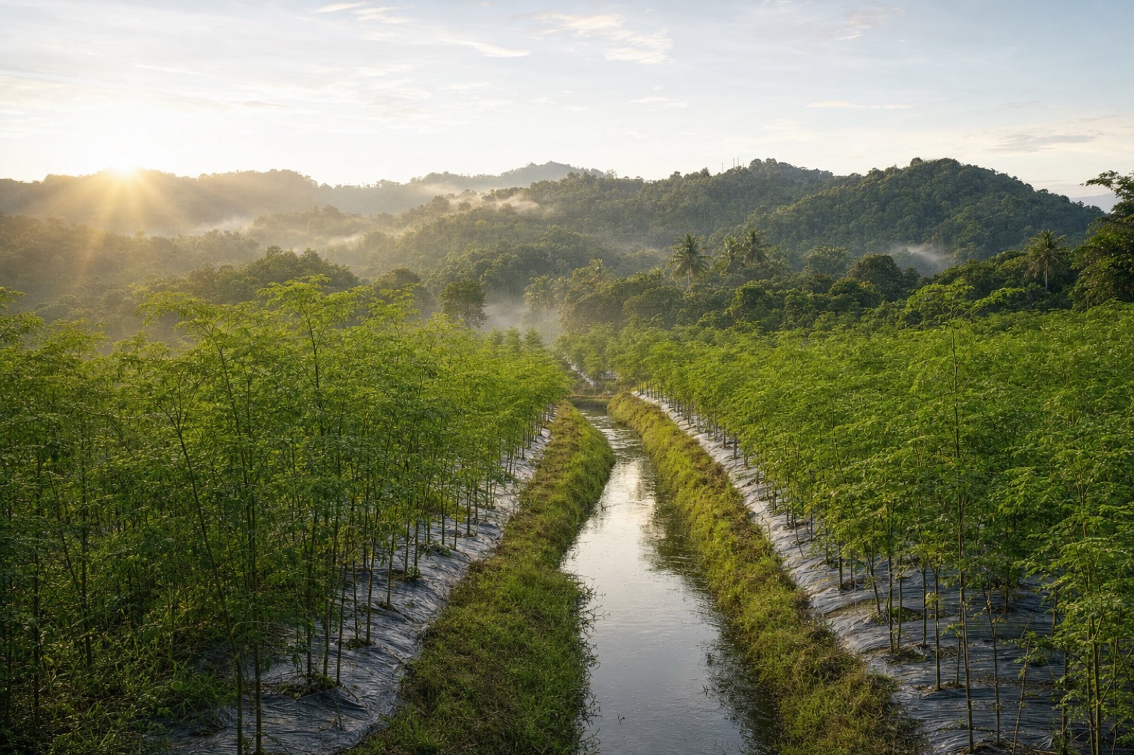 Barisan pokok kelor di ladang keluarga Royale Secrets, dengan bukit di belakang